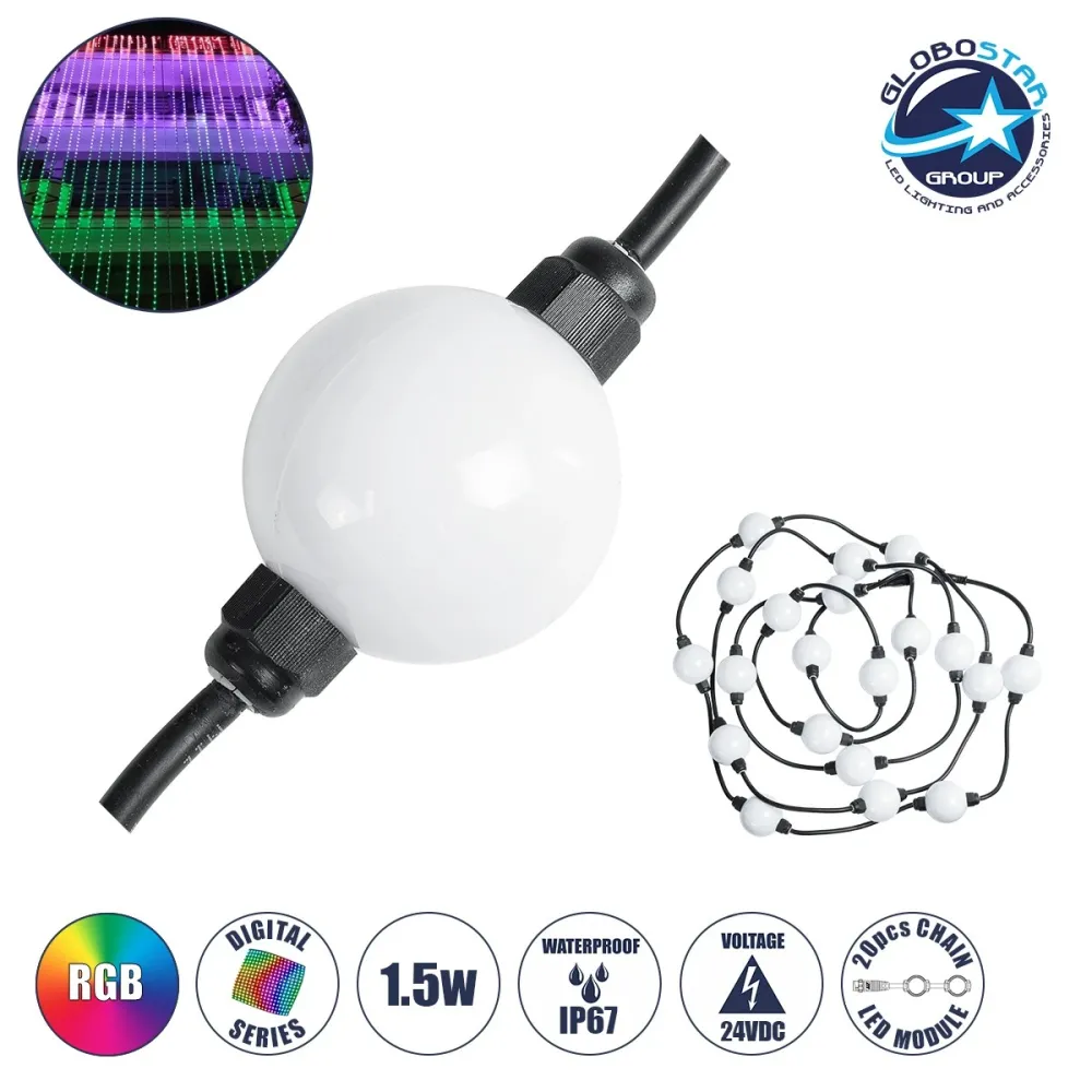 GLOBOSTAR® DIGICHAIN 73722 Ψηφιακή Pixel Addressable Γιρλάντα LED 28W 1400lm 360° DC 24V Αδιάβροχο IP65 60 x SMD3535 Chip 20 x Pixel Πολύχρωμο RGB Dimmable SPI/TTL Protocol IC WS2811/SM16703P - Sanan SMD Chip - Μ460 x Π5 x Υ5cm - Πακέτο 20 Τεμαχίων - 3 Χρ