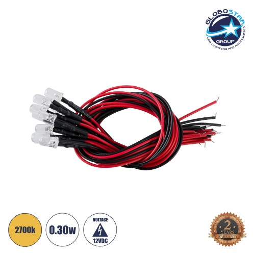 GLOBOSTAR® DIODECHIP 73731 Δίοδος LED 0.3W 24lm 90° DC 12V Αδιάβροχο IP65 Θερμό Λευκό 2700K Dimmable - Μ0.5 x Π0.5 x Υ20cm - Πακέτο 10 Τεμαχίων - 2 Χρόνια Εγγύηση