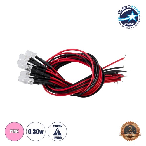 GloboStar® DIODE-LED 73736 Χαμηλής Ισχύος Δίοδος LED 0.3W DC 12V - Φ0.5 x Υ1cm - Ροζ - Dimmable - Συσκευασία 10 Τεμαχίων - 2 Χρόνια Εγγύηση