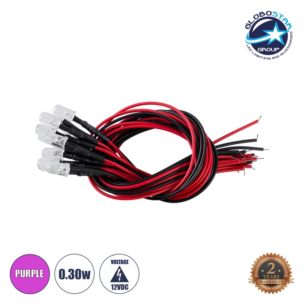 GLOBOSTAR® DIODECHIP 73737 Δίοδος LED 0.3W 15lm 90° DC 12V Αδιάβροχο IP65 Μωβ Dimmable - Μ0.5 x Π0.5 x Υ20cm - Πακέτο 10 Τεμαχίων - 2 Χρόνια Εγγύηση