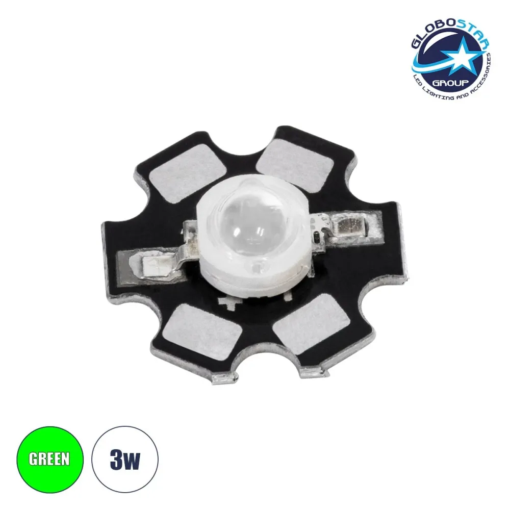 GLOBOSTAR® STARCHIP 73750 High Power Star LED 3W 160-180lm 180° DC 3.2-3.4V 600-700mA IP20 Πράσινο Dimmable - Sanan Chip - Μ2 x Π2 x Υ0.6cm - 2 Χρόνια Εγγύηση