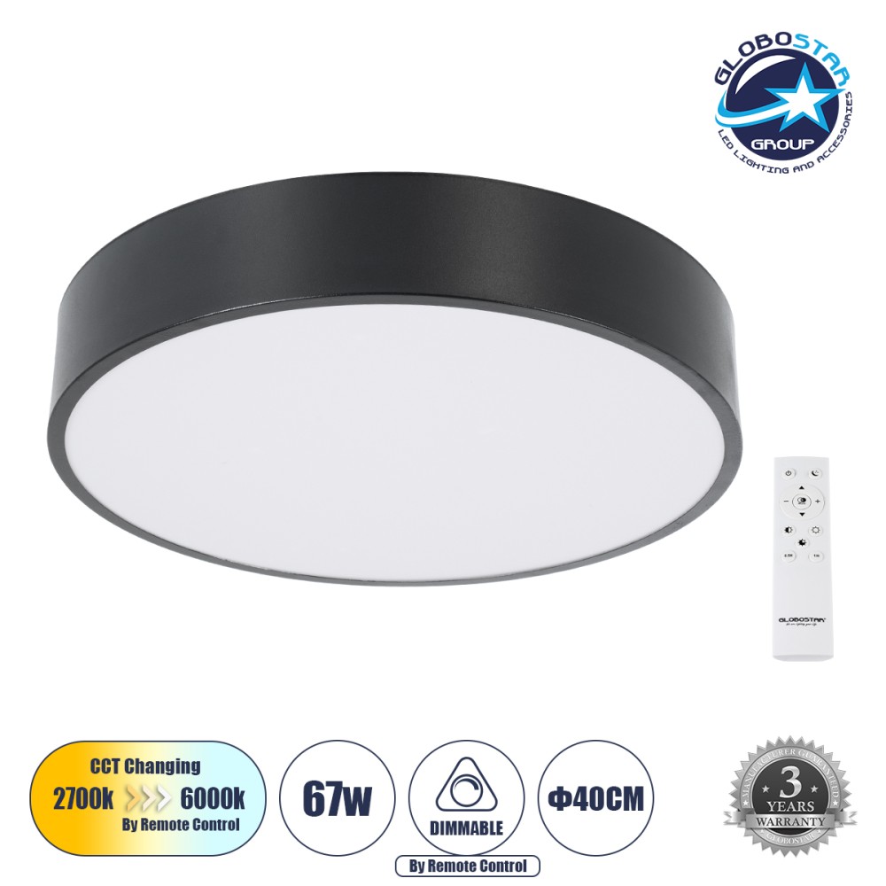 GLOBOSTAR® BURTON 61200-S Μοντέρνο Φωτιστικό Οροφής LED 67W 6700lm 120° AC 220-240V IP20 Ρυθμιζόμενο Λευκό CCT με Χειριστήριο από 2700K έως 6000K Dimmable - Lumileds SMD Chip - Μαύρο Ματ - Μ40 x Π40 x Υ8cm - 3 Χρόνια Εγγύηση