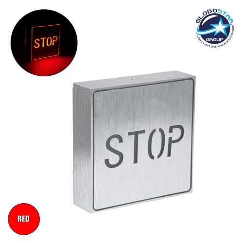 GLOBOSTAR® SENSATI 75653 Διακοσμητικό Φωτιστικό Τοίχου Ένδειξης / Σήμανσης "STOP" LED 1W 40lm 90° AC 220-240V με Επαναφορτιζόμενη Μπαταρία Li-ion 3.7V 350mAh IP20 Κόκκινο - Star LED Chip - Νίκελ Βούρτσας - Μ11 x Π11 x Υ3cm - 2 Χρόνια Εγγύηση