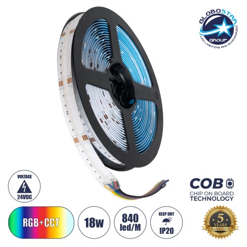 GLOBOSTAR® BEE 75589 Ταινία LED 18W/m 1980lm/m 120° DC 24V IP20 840 x COB Chip/m Πολύχρωμο RGBW+WW Dimmable - Sanan COB Chip - Μ500 x Π1.2 x Υ0.2cm - Ρολό 5 Μέτρων - 5 Χρόνια Εγγύηση