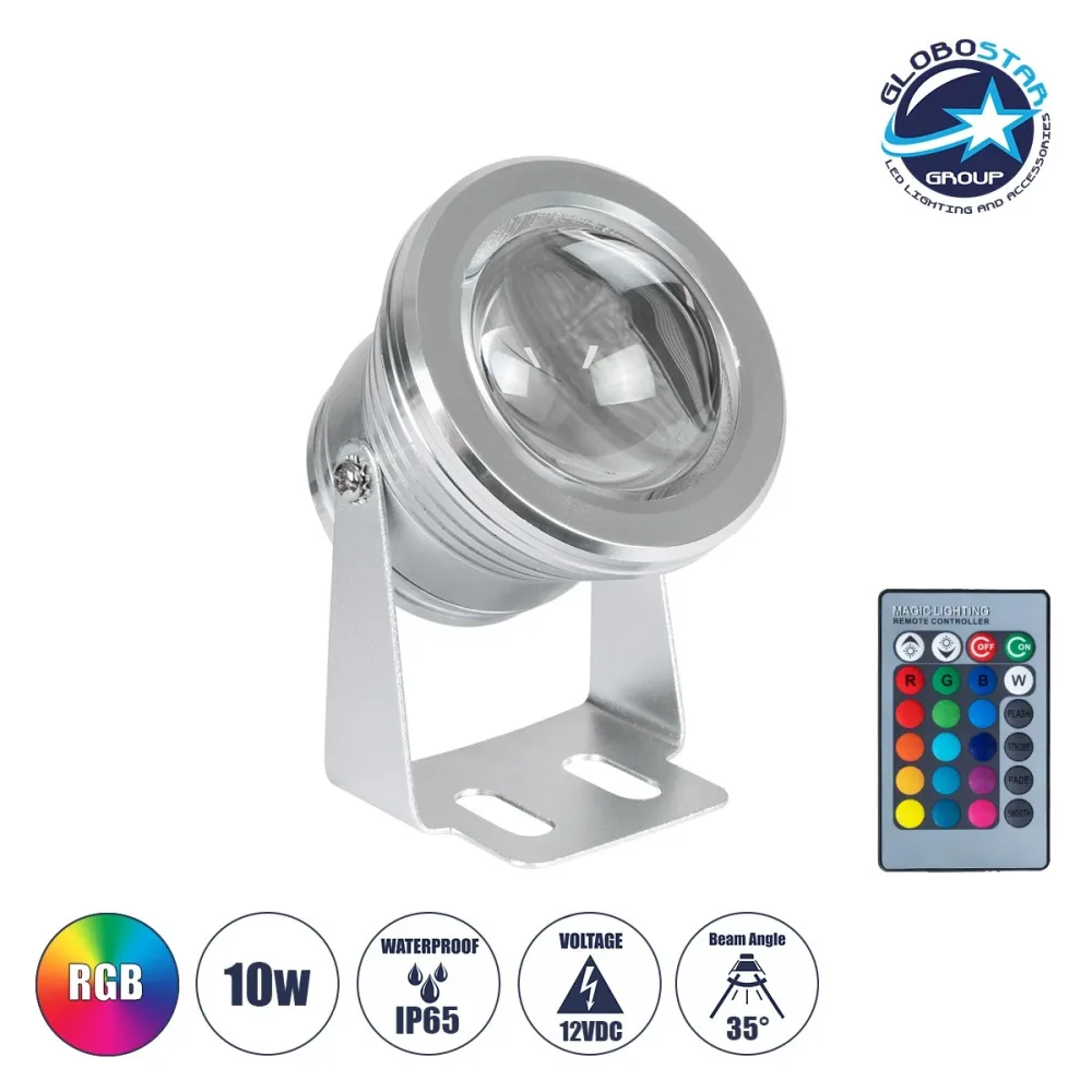 GLOBOSTAR® EDEM 75592 Φωτιστικό Σποτ για Φυτά - Δέντρα με IR Ασύρματο Χειριστήριο LED 10W 500lm 35° DC 12V Αδιάβροχο IP65 Πολύχρωμο RGB Dimmable - Bridgelux COB Chip - Νίκελ Βούρτσας - Μ7 x Π10.5 x Υ8.5cm - 2 Χρόνια Εγγύηση