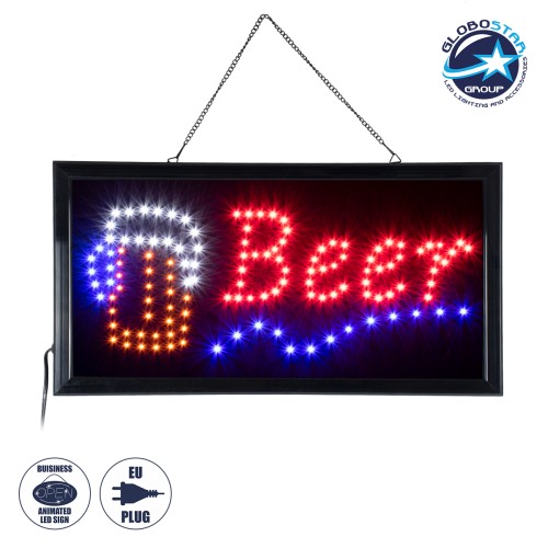 GloboStar® 75688 Φωτιστικό Ταμπέλα Φωτεινή Επιγραφή LED Σήμανσης BEER 3W AC 230V με Διακόπτη On/Off Κόκκινο - Μπλε - Πορτοκαλί