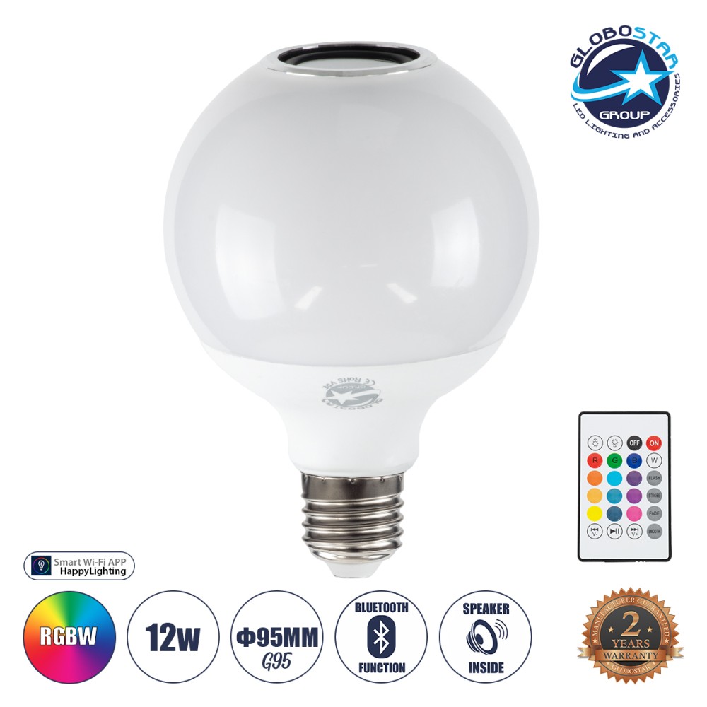 GLOBOSTAR® RGBOO 76072 Λάμπα E27 G95 με IR Ασύρματο χειριστήριο & 3W Bluetooth Ηχείο LED 12W 780lm 260° AC 220-240V IP20 Πολύχρωμο RGBW Dimmable - Sanan SMD Chip - Μ13 x Π25 x Υ43cm - 2 Χρόνια Εγγύηση