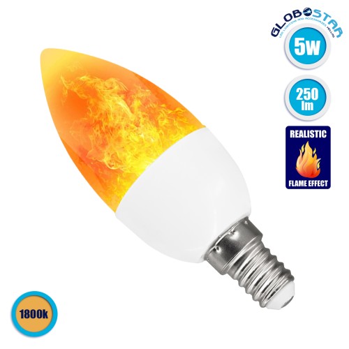 GLOBOSTAR® CANDLE 76074 Λάμπα Κεράκι E14 C37 LED 5W 250lm 260° AC 220-240V IP20 Πορτοκαλί 2200K με Εφέ Φλόγας - Λευκό Γαλακτερό - Μ3.7 x Π3.7 x Υ10.4cm - 2 Χρόνια Εγγύηση