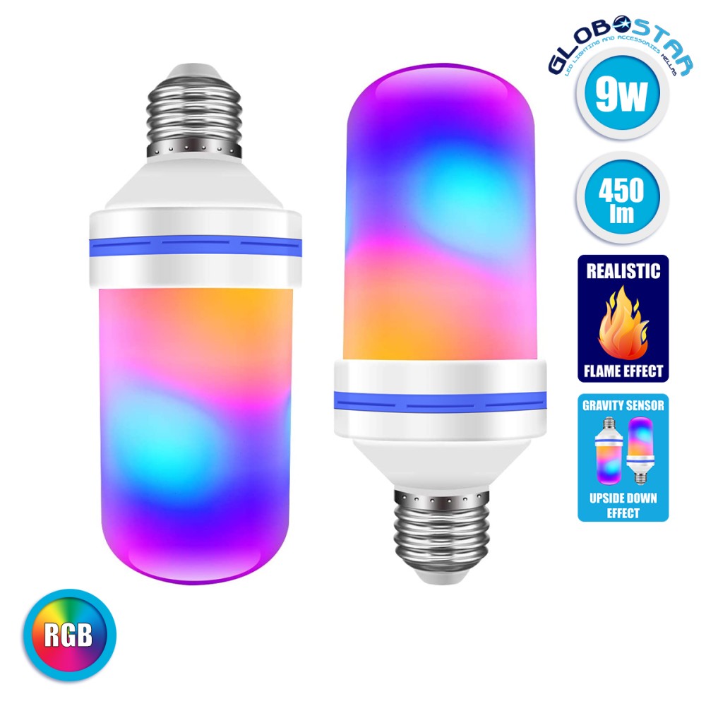 GLOBOSTAR® TUBULAR 76076 Λάμπα E27 LED 9W 350lm 260° AC 220-240V IP20 Πολύχρωμο RGB με 4 Λειτουργίες Εφέ Φλόγας & Αναστροφή - Λευκό Γαλακτερό - Μ6 x Π6 x Υ15cm - 2 Χρόνια Εγγύηση