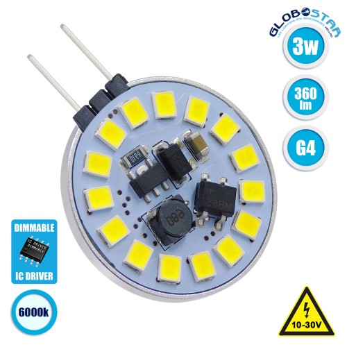 GLOBOSTAR® G4SIDE 76104 Λάμπα G4 LED 3W 300lm 120° DC 12-24V IP20 Ψυχρό Λευκό 6000K Dimmable - Sanan SMD Chip - Side Pin - Μ2.9 x Π2.9 x Υ0.8cm - 2 Χρόνια Εγγύηση