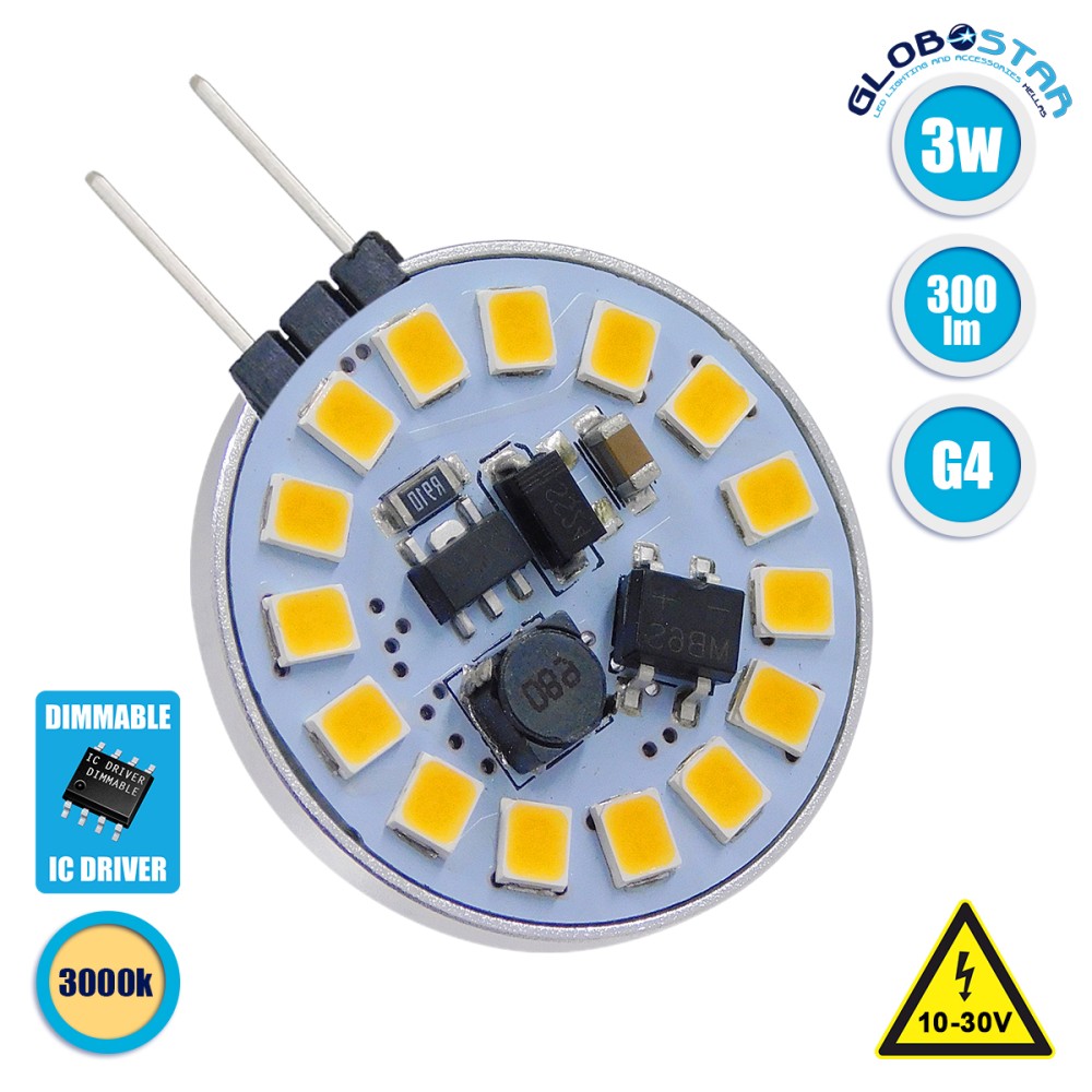 GLOBOSTAR® G4SIDE 76106 Λάμπα G4 LED 3W 300lm 120° DC 12-24V IP20 Θερμό Λευκό 2700K Dimmable - Sanan SMD Chip - Side Pin - Μ2.9 x Π2.9 x Υ0.8cm - 2 Χρόνια Εγγύηση
