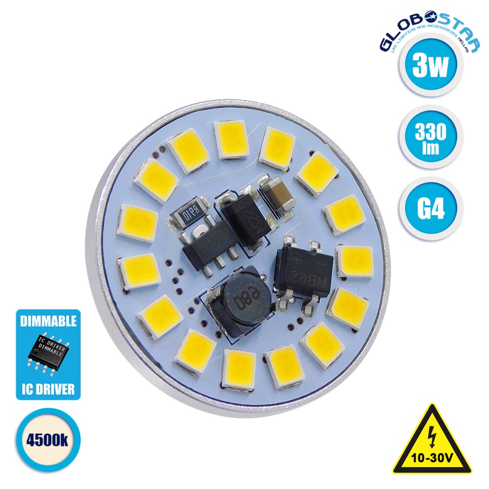GLOBOSTAR® G4BACK 76108 Λάμπα G4 LED 3W 315lm 120° DC 12-24V IP20 Φυσικό Λευκό 4500K Dimmable - Sanan SMD Chip - Back Pin - Μ2.9 x Π2.9 x Υ0.8cm - 2 Χρόνια Εγγύηση