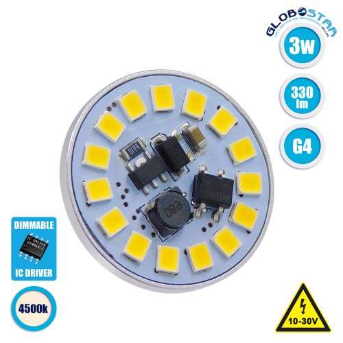 GLOBOSTAR® G4BACK 76108 Λάμπα G4 LED 3W 315lm 120° DC 12-24V IP20 Φυσικό Λευκό 4500K Dimmable - Sanan SMD Chip - Back Pin - Μ2.9 x Π2.9 x Υ0.8cm - 2 Χρόνια Εγγύηση