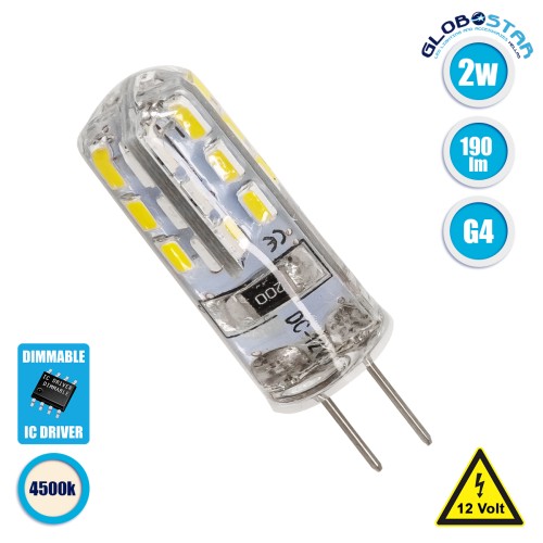 GLOBOSTAR® G4BACK 76131 Λάμπα G4 LED 2W 190lm 320° DC 12V IP20 Φυσικό Λευκό 4500K Dimmable - Sanan SMD Chip - Back Pin - Μ0.9 x Π0.9 x Υ3.5cm - 2 Χρόνια Εγγύηση