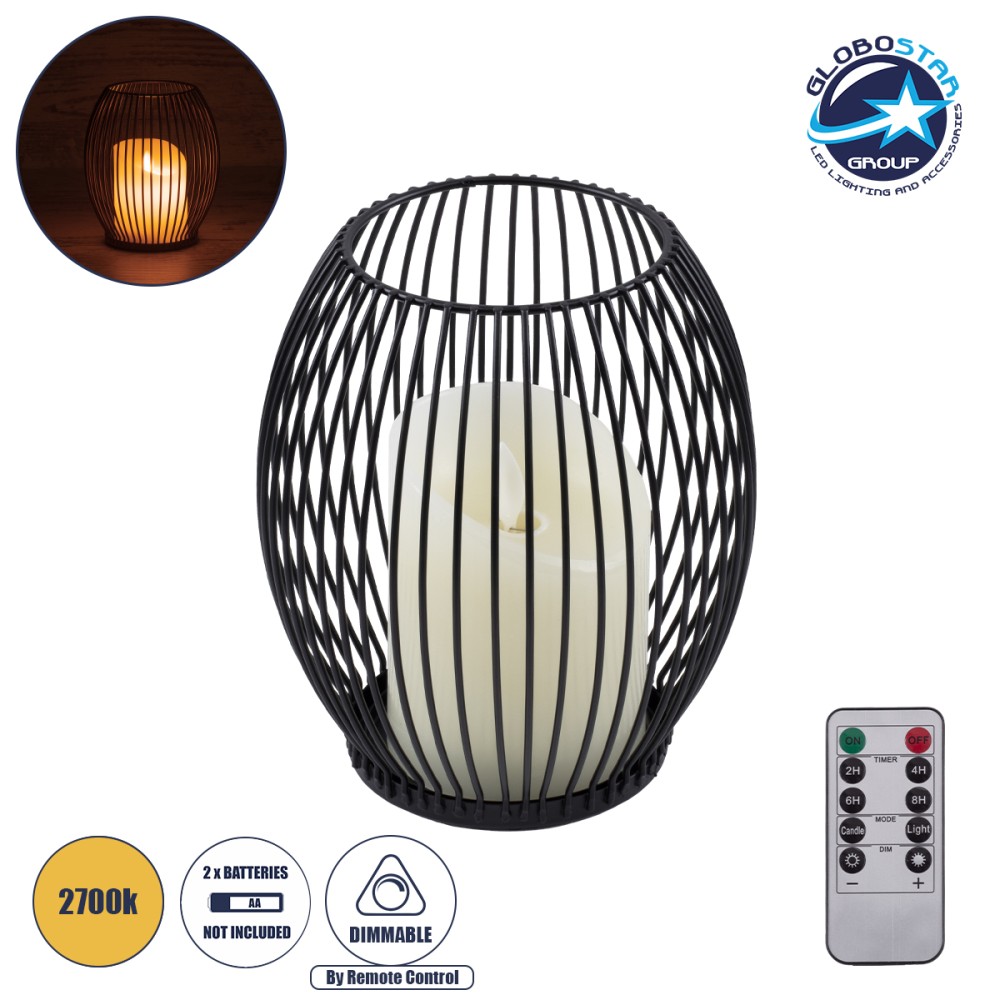 GloboStar® CANDLE 76495 Διακοσμητικό Realistic Κερί με LED Εφέ Κινούμενης Φλόγας - Μπαταρίας 2 x AA (Δεν Συμπεριλαμβάνονται) & Ασύρματο Χειριστήριο IR Θερμό Λευκό 2700K Dimmable Μαύρο Φ14 x Υ16cm