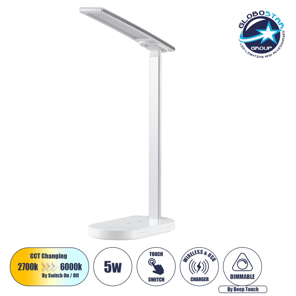 GLOBOSTAR® ONO 76531 Μοντέρνο Επιτραπέζιο Φωτιστικό Γραφείου με Ασύρματη Φόρτιση 10W 2A LED 5W 500lm 180° DC 5V με USB IP20 Ρυθμιζόμενο Λευκό CCT με Αφή 2700K/4500K/6000K Dimmable - Sanan SMD Chip - Λευκό - Μ25 x Π10.5 x Υ35.5cm - 2 Χρόνια Εγγύηση