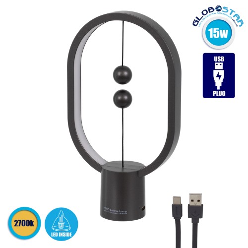 GloboStar® 76544 Επιτραπέζιο Φωτιστικό Πορτατίφ LED 15W 1500lm 360° DC 5V IP20 Θερμό Λευκό 2700K Μαύρο & Λευκό Πλαστικό - Μ14 x Π5.5 x Υ24.8cm - 2 Xρόνια Εγγύηση