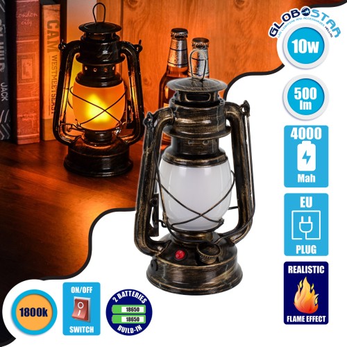 GLOBOSTAR® FIREWATCH 76547 Διακοσμητικό Φωτιστικό Φαναράκι LED 10W 500lm 360° DC 5V με 2 x Επαναφορτιζόμενες Μπαταρίες Li-ion 3.6V 18650 IP20 Ultra Θερμό Λευκό 1800K - Χάλκινο Εφέ Σκουριάς Ματ - Μ15 x Π11.5 x Υ23.5cm - 2 Χρόνια Εγγύηση