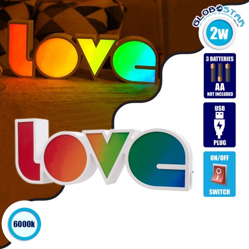 GLOBOSTAR® LOVE BOMBING 76551 Μοντέρνο Επιτραπέζιο Φωτιστικό Πορτατίφ LED 2W 120lm 180° DC 4.5V με Μπαταρίες 3xAAA IP20 Ψυχρό Λευκό 6000K - Πολύχρωμο - Μ36 x Π13.5 x Υ4.8cm - 2 Χρόνια Εγγύηση