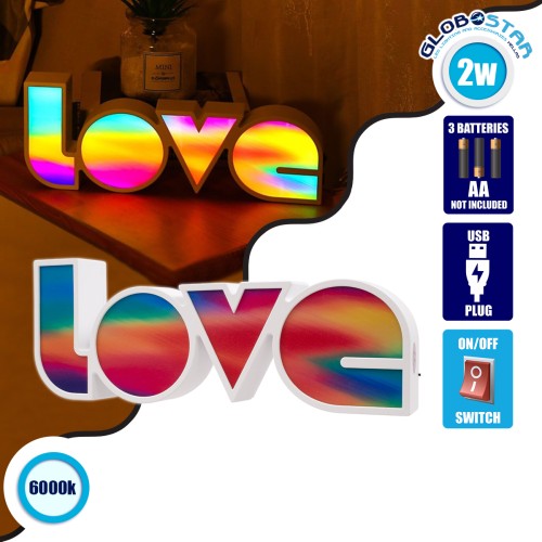 GLOBOSTAR® LOVE BOMBING 76553 Μοντέρνο Επιτραπέζιο Φωτιστικό Πορτατίφ LED 2W 120lm 180° DC 4.5V με Μπαταρίες 3xAAA IP20 Ψυχρό Λευκό 6000K - Πολύχρωμο - Μ36 x Π13.5 x Υ4.8cm - 2 Χρόνια Εγγύηση