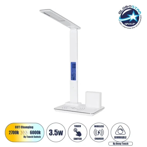 GLOBOSTAR® ZENTIME 76554 Μοντέρνο Επιτραπέζιο Φωτιστικό Γραφείου με Ασύρματη Φόρτιση 15W 3A & Ψηφιακό Ρολόι LED 3.5W 350lm 120° DC 5V με USB-C IP20 Ρυθμιζόμενο Λευκό CCT με Αφή 2700K/4500K/6000K Dimmable - Sanan SMD Chip - Μαύρο - Μ19.5 x Π14.5 x Υ38.