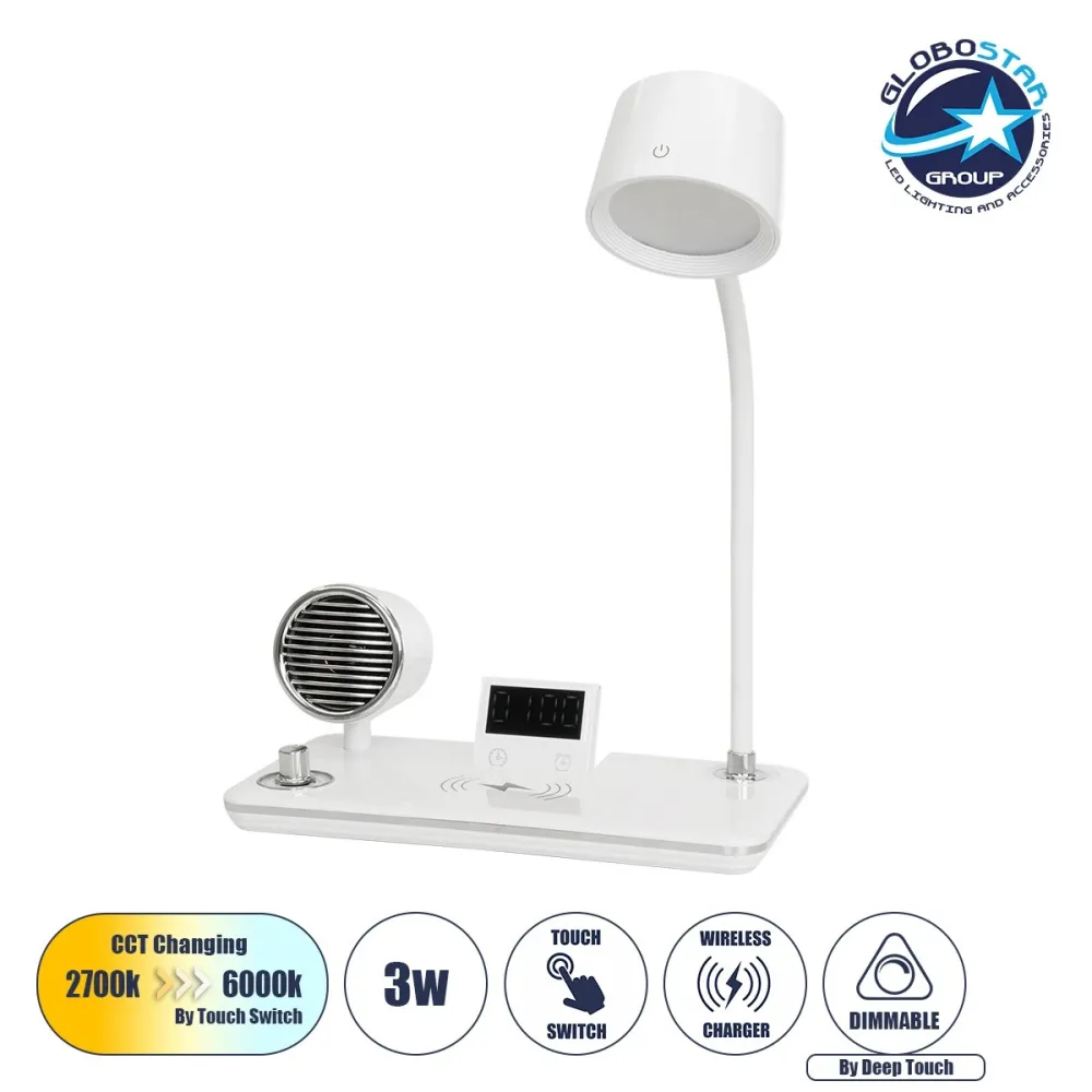 GLOBOSTAR® OLDY 76557 Μοντέρνο Επιτραπέζιο Φωτιστικό Γραφείου με Ασύρματη Φόρτιση 15W 3A, 5W Bluetooth Ηχείο & Ψηφιακό Ρολόι LED 3W 300lm 120° DC 5V με USB-C IP20 Ρυθμιζόμενο Λευκό CCT με Αφή 2700K/4500K/6000K Dimmable - Sanan SMD Chip - Λευκό - Μ13 x