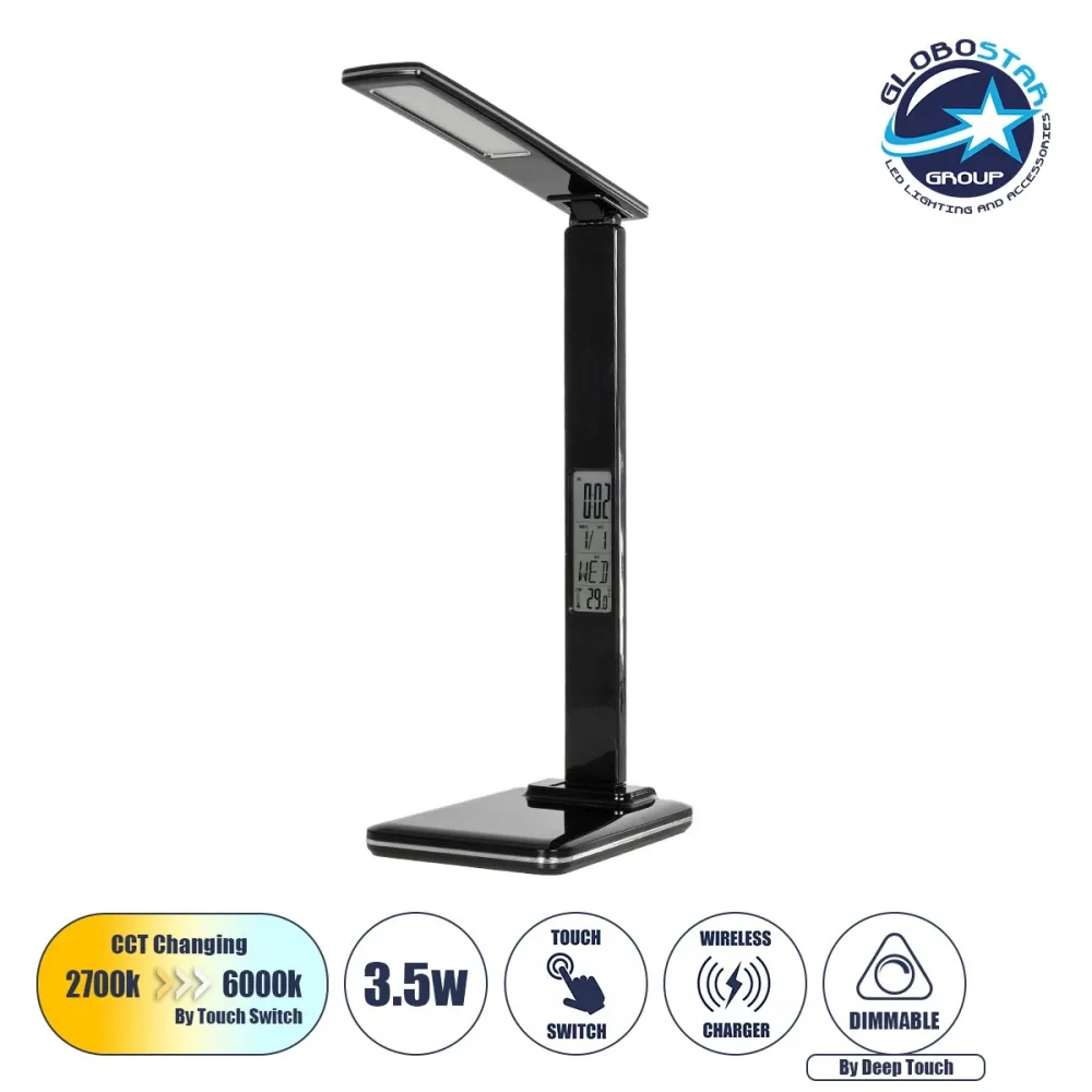 GLOBOSTAR® ZENTIME 76564 Μοντέρνο Επιτραπέζιο Φωτιστικό Γραφείου με Ασύρματη Φόρτιση 10W 2A & Ψηφιακό Ρολόι LED 3.5W 350lm 120° DC 5V με USB-C IP20 Ρυθμιζόμενο Λευκό CCT με Αφή 2700K/4500K/6000K Dimmable - Sanan SMD Chip - Μαύρο - Μ18 x Π12 x Υ40cm - 