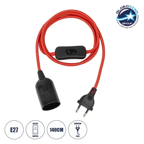 GLOBOSTAR® WHIP 77666 Μοντέρνο DIY Φωτιστικό με Υφασμάτινο Καλώδιο, Ντουί 1 x E27, Διακόπτη On/Off & Πρίζα AC 220-240V IP20 - Κόκκινο & Μαύρο - Μ150 x Π4 x Υ4cm