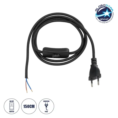 GLOBOSTAR® WHIP 77669 Μοντέρνο DIY Υφασμάτινο Καλώδιο με Διακόπτη On/Off AC 220-240V IP20 - Μαύρο - Μ140 x Π2.7 x Υ1.9cm