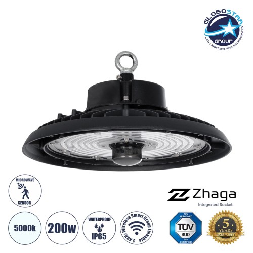 GLOBOSTAR® INDUSTRY 61706 Βιομηχανικό Φωτιστικό Καμπάνα High Bay UFO Τεχνολογίας Smart Group Linkable Control System 2.4Ghz με Αισθητήρα Κίνησης Microwave LED 200W 30000lm SDCM<5 90° AC 85-265V Αδιάβροχο IP65 IK08 Φυσικό Λευκό 5000K - 338 x Sanan Opto 