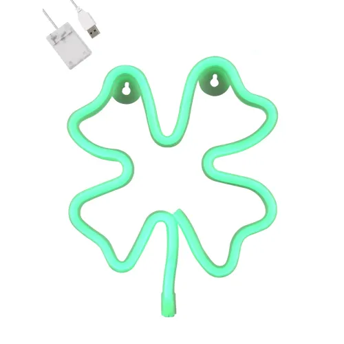 GloboStar® 78572 Φωτιστικό Ταμπέλα Φωτεινή Επιγραφή NEON LED Σήμανσης FOUR LEAF CLOVER 5W με Καλώδιο Τροφοδοσίας USB - Μπαταρίας 3xAAA (Δεν Περιλαμβάνονται) - Πράσινο