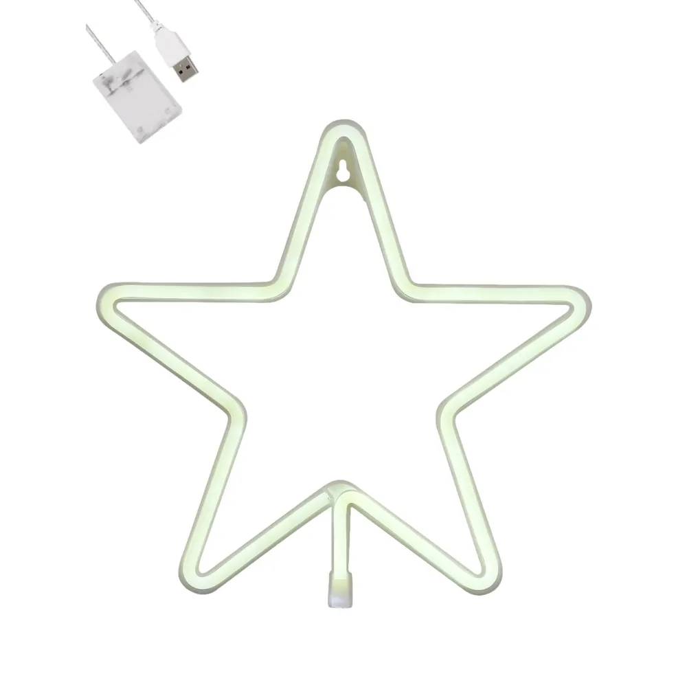 GloboStar® 78584 Φωτιστικό Ταμπέλα Φωτεινή Επιγραφή NEON LED Σήμανσης STAR 5W με Καλώδιο Τροφοδοσίας USB - Μπαταρίας 3xAAA (Δεν Περιλαμβάνονται) - Ψυχρό Λευκό 6000K