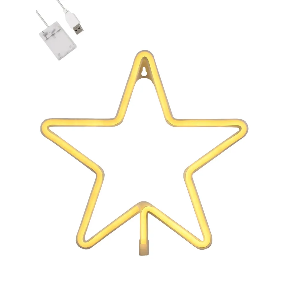 GloboStar® 78585 Φωτιστικό Ταμπέλα Φωτεινή Επιγραφή NEON LED Σήμανσης STAR 5W με Καλώδιο Τροφοδοσίας USB - Μπαταρίας 3xAAA (Δεν Περιλαμβάνονται) - Θερμό Λευκό 2700K