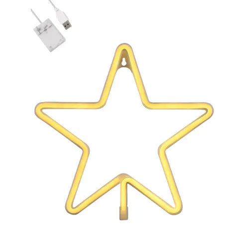GloboStar® 78585 Φωτιστικό Ταμπέλα Φωτεινή Επιγραφή NEON LED Σήμανσης STAR 5W με Καλώδιο Τροφοδοσίας USB - Μπαταρίας 3xAAA (Δεν Περιλαμβάνονται) - Θερμό Λευκό 2700K