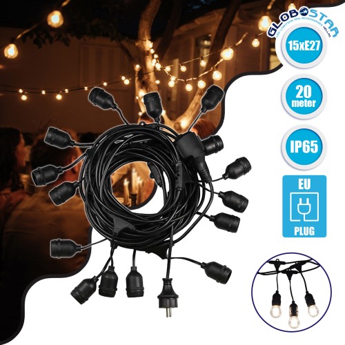 GLOBOSTAR® GARLAND 78985 Καλωδιογιρλάντα 20m με Ντουί 15 x E27 & Πρίζα Schuko AC 220-240V IP65 - Μαύρο - Μ1500 x Π127 x Υ16cm