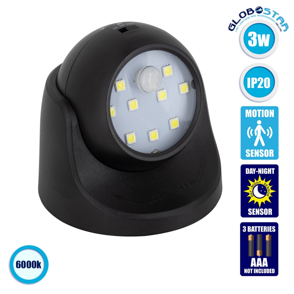 GloboStar® 79001 Μαύρο Φωτιστικό Μπαταρίας σε Σχήμα Κάμερας LED SMD 3W 300lm με Αισθητήρα Ημέρας-Νύχτας και PIR Αισθητήρα Κίνησης Ψυχρό Λευκό 6000K