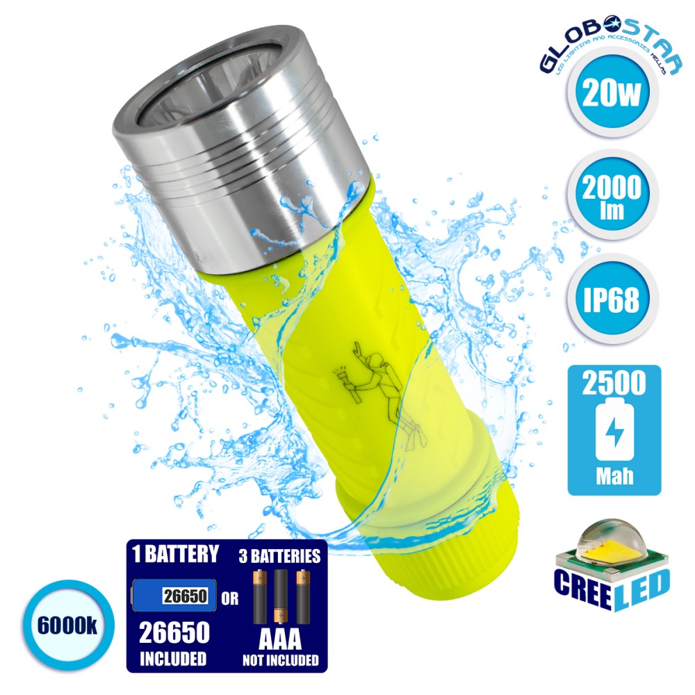 GloboStar® 79031 EXTREME Αδιάβροχος Φορητός Επαναφορτιζόμενος Φακός LED CREE XHP50 20W 2000lm & 1 x Μπαταρία 26650 2500mAh Li-ion IP68 Ψυχρό Λευκό 6000K