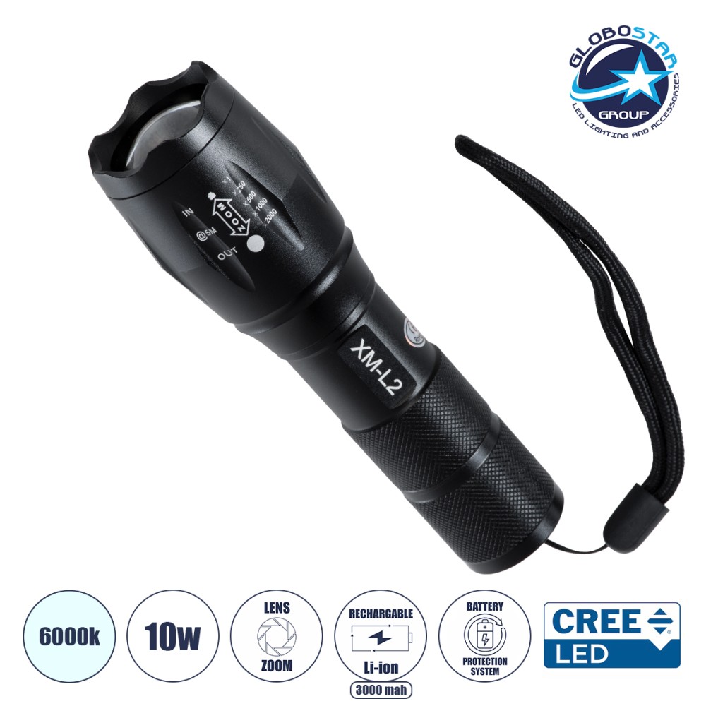 GLOBOSTAR® HANDLAMP 79041 Φακός Χειρός LED 10W 1000lm 5~60° DC 5V με Επαναφορτιζόμενη Μπαταρία Li-ion 3.7V 1x18650 3000mAh IP20 Ψυχρό Λευκό 6000K - CREE XML2-T6 Chip - Μ13.5 x Π4 x Υ4cm - 1 Χρόνο Εγγύηση