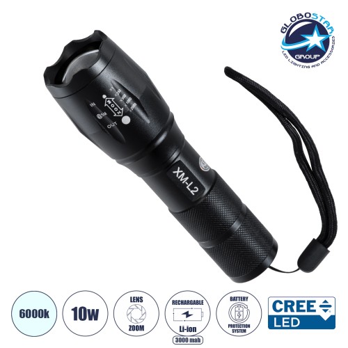 GLOBOSTAR® HANDLAMP 79041 Φακός Χειρός LED 10W 1000lm 5~60° DC 5V με Επαναφορτιζόμενη Μπαταρία Li-ion 3.7V 1x18650 3000mAh IP20 Ψυχρό Λευκό 6000K - CREE XML2-T6 Chip - Μ13.5 x Π4 x Υ4cm - 1 Χρόνο Εγγύηση