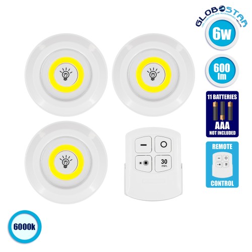 GLOBOSTAR® NEONSIGN 79044 Διακοσμητικό Φωτιστικό Τοίχου Νυκτός με RF Ασύρματο Χειριστήριο LED 6W 600lm 120° DC 3.6V με 11xAAA Μπαταρίες IP20 Ψυχρό Λευκό 6000K Dimmable - Μ9 x Π2.3 x Υ9cm - Πακέτο 3 Τεμαχίων - 2 Χρόνια Εγγύηση