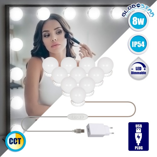GLOBOSTAR® MIRRORPEARLS 79047 Μοντέρνο Φωτιστικό Γιρλάντα Καθρέπτη Μακιγιάζ με USB 5.0 LED 8W 800lm 260° DC 5V Αδιάβροχο IP54 Ρυθμιζόμενο Λευκό CCT με Ενσωματωμένο Χειριστήριο από 2700K έως 6000K Dimmable - Sanan SMD Chip - Λευκό - Μ200 x Π4.5 x Υ4.9cm - 