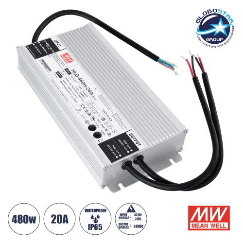 GLOBOSTAR® MEANWELL-HLG480H-24A 90795 Τροφοδοτικό/Μετασχηματιστής Class I SELV 480W 20A AC 220-240V σε DC 24V Αδιάβροχο IP65 - Ρυθμιζόμενo από DC 20.4V έως DC 25.2V - Ασημί - Μ26.2 x Π12.5 x Υ4.4cm - 3 Χρόνια Εγγύηση