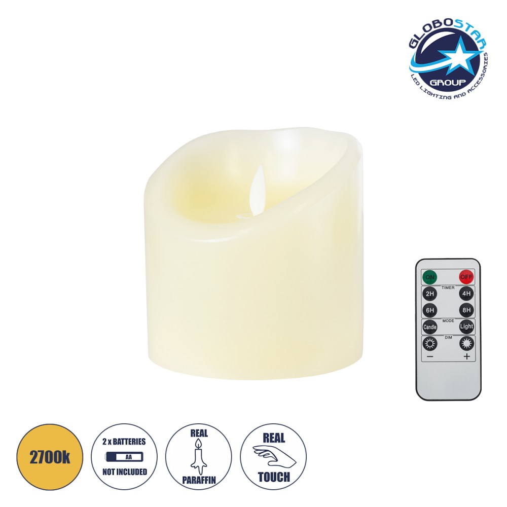 GLOBOSTAR® FIREFLAME 79541 Διακοσμητικό Κερί Παραφίνης με Εφέ Κινούμενης Φλόγας & IR Ασύρματο Χειριστήριο LED 0.5W 25lm 180° DC 3V με 2xAA Μπαταρίες IP20 Θερμό Λευκό 2700K Dimmable - Μπεζ - Μ10 x Π10 x Υ10cm - 2 Χρόνια Εγγύηση