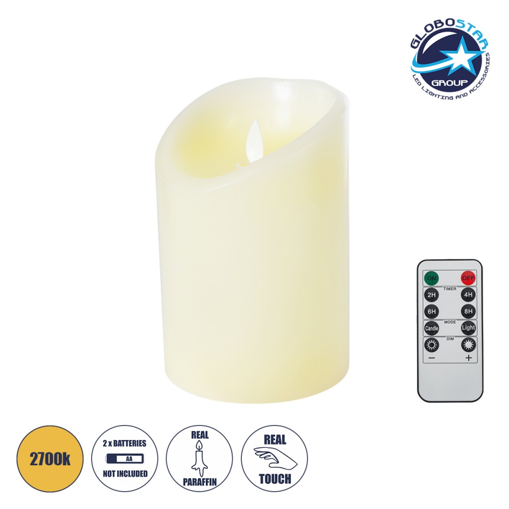 GLOBOSTAR® FIREFLAME 79542 Διακοσμητικό Κερί Παραφίνης με Εφέ Κινούμενης Φλόγας & IR Ασύρματο Χειριστήριο LED 0.5W 25lm 180° DC 3V με 2xAA Μπαταρίες IP20 Θερμό Λευκό 2700K Dimmable - Μ10 x Π10 x Υ15cm - 2 Χρόνια Εγγύηση