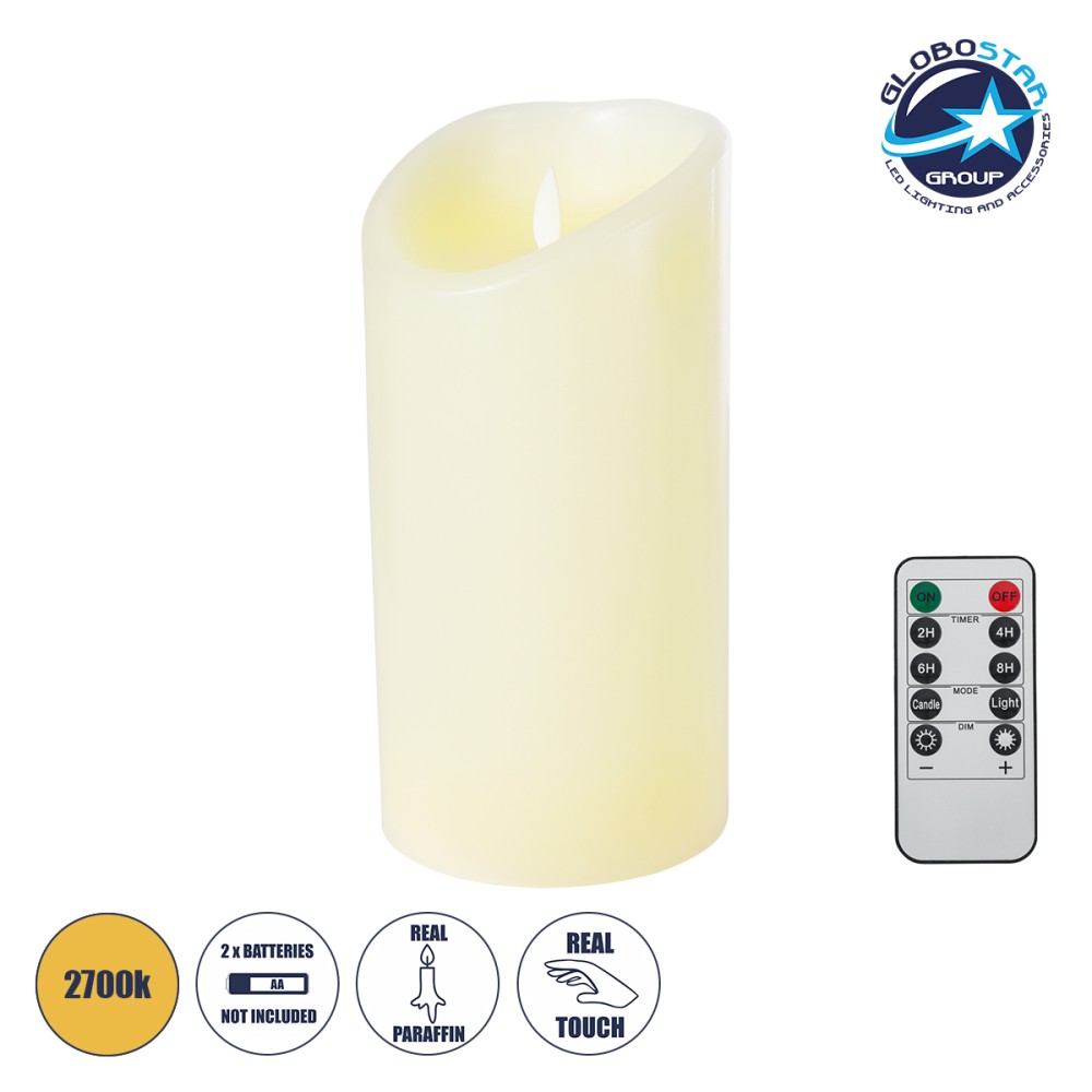 GLOBOSTAR® FIREFLAME 79543 Διακοσμητικό Κερί Παραφίνης με Εφέ Κινούμενης Φλόγας & IR Ασύρματο Χειριστήριο LED 0.5W 25lm 180° DC 3V με 2xAA Μπαταρίες IP20 Θερμό Λευκό 2700K Dimmable - Μ10 x Π10 x Υ20cm - 2 Χρόνια Εγγύηση