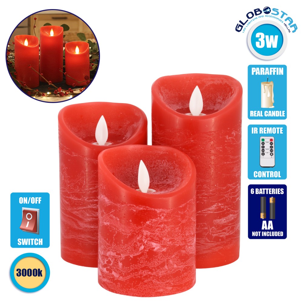 GLOBOSTAR® FIREFLAME 79558 Διακοσμητικό Κερί Παραφίνης με Εφέ Κινούμενης Φλόγας & IR Ασύρματο Χειριστήριο LED 0.5W 25lm 120° DC 3V με 2xAA Μπαταρίες IP20 Θερμό Λευκό 2700K Dimmable - Κόκκινο - Μ7.5 x Π7.5 x Υ15cm - Πακέτο 3 Τεμαχίων - 1 Χρόνο Εγγύηση