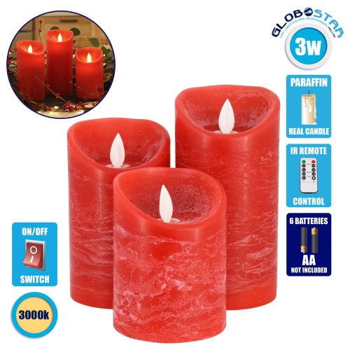 GLOBOSTAR® FIREFLAME 79558 Διακοσμητικό Κερί Παραφίνης με Εφέ Κινούμενης Φλόγας & IR Ασύρματο Χειριστήριο LED 0.5W 25lm 120° DC 3V με 2xAA Μπαταρίες IP20 Θερμό Λευκό 2700K Dimmable - Κόκκινο - Μ7.5 x Π7.5 x Υ15cm - Πακέτο 3 Τεμαχίων - 1 Χρόνο Εγγύηση