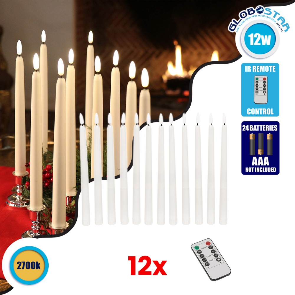 GLOBOSTAR® CANDLESTICKS 79564 Διακοσμητικό Κερi Κηροπηγίου με Εφέ Κινούμενης Φλόγας & IR Ασύρματο Χειριστήριο LED 0.5W 25lm 180° DC 3V με 2xAA Μπαταρίες IP20 Θερμό Λευκό 2700K - Λευκό - Μ2 x Π2 x Υ27.5cm - Πακέτο 12 Τεμαχίων - 2 Χρόνια Εγγύηση
