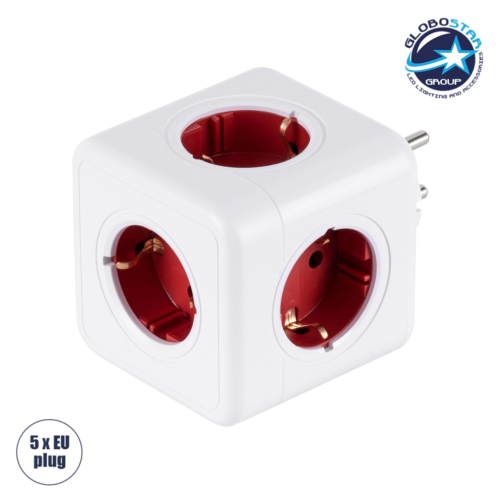 GLOBOSTAR® POWERCUBE 79628 Πολύπριζο 5 Θέσεων με 5 x EU Schuko Πρίζες Ασφαλείας Childproof AC 220-240V 3680W/16A Max Load IP20 - Λευκό & Κόκκινο - Μ7.5 x Π11.5 x Υ7.5cm