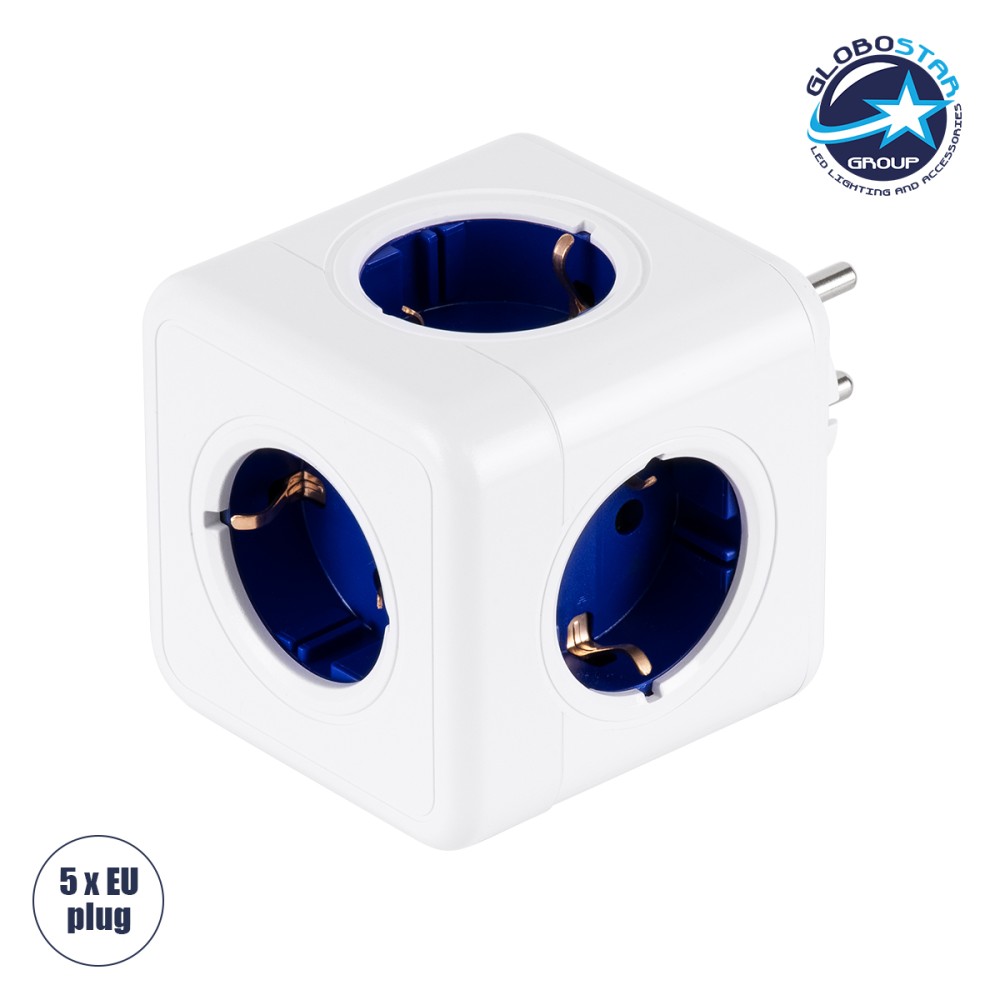 GLOBOSTAR® POWERCUBE 79629 Πολύπριζο 5 Θέσεων με 5 x EU Schuko Πρίζες Ασφαλείας Childproof AC 220-240V 3680W/16A Max Load IP20 - Λευκό & Μπλε - Μ7.5 x Π11.5 x Υ7.5cm